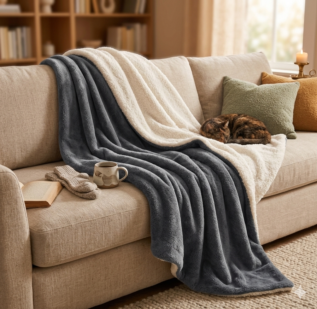 The Amberest Cloud-Soft Throw: Dual-Layer Sherpa & Taffeta Blanket